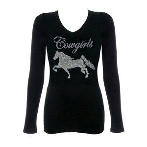 Womens Long Sleeve Black Clear Rhinestone Arabian Horse Cowgirls Bling T-Shirt